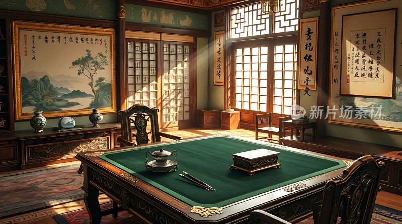 古风书房雅致宁静绿桌墨香四溢