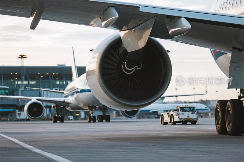 机场停机坪上的飞机发动机