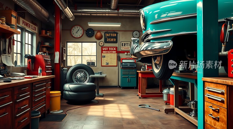 复古车库里的经典轿车维修