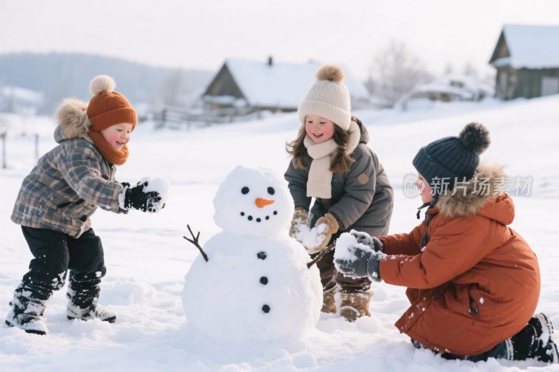 孩童堆雪人雪景场景
