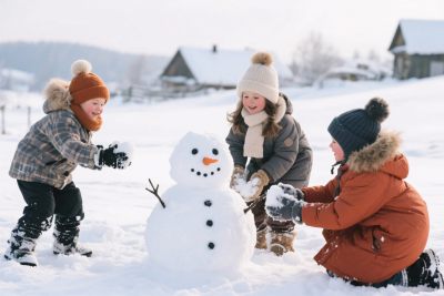 孩童堆雪人雪景场景 孩童堆雪人雪景场景