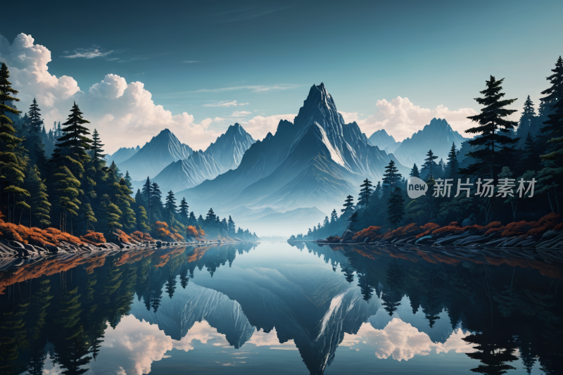 山脉的湖泊高清风景插画图片