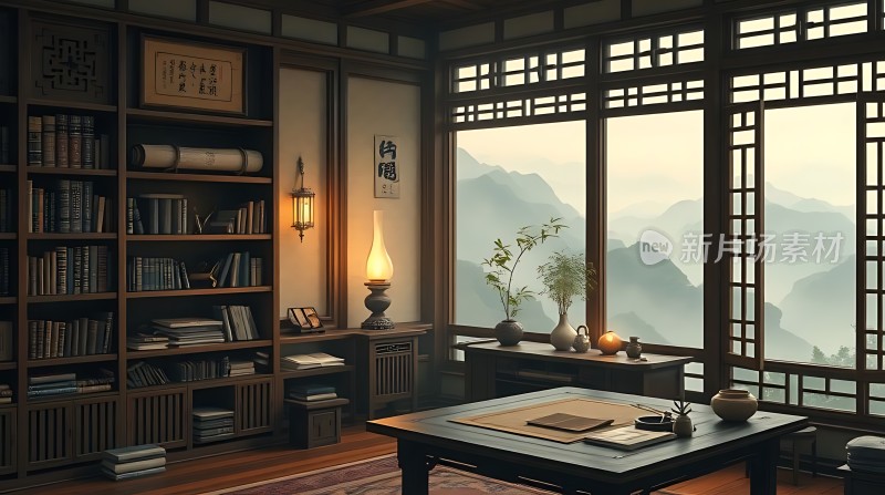 古风书房窗前静读山水间