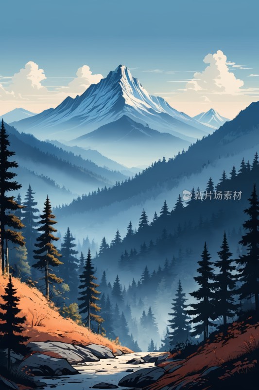 山脉一条小溪流过一座高山清风景插图片