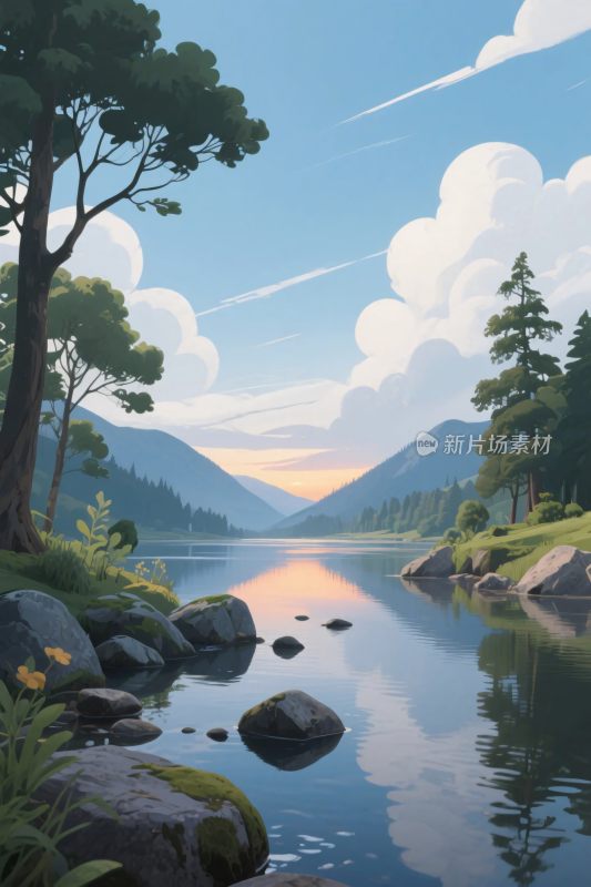 山水湖泊风光插画