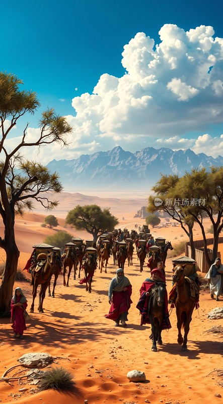 沙漠驼队行进在蓝天白云下