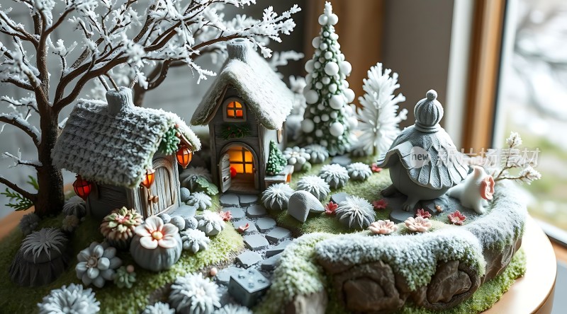 冬日童话小镇雪景小屋与可爱生物共融
