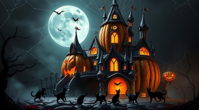 万圣节之夜南瓜城堡与黑猫 万圣节之夜南瓜城堡与黑猫