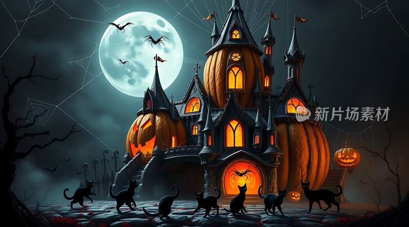 万圣节之夜南瓜城堡与黑猫