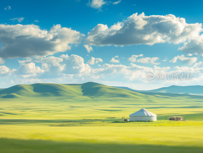 传统蒙古包在阳光照耀的草原