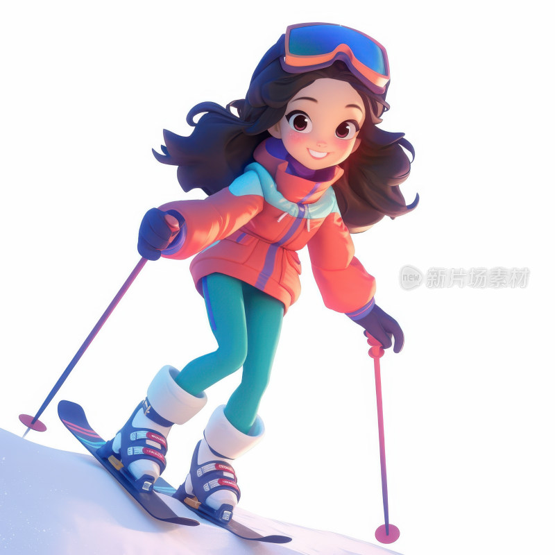 冬季雪地滑雪的男孩女孩3D卡通人物插画