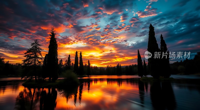 日落湖畔映彩霞静谧美景入眼帘