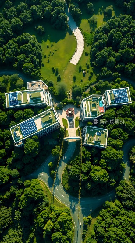 绿色校园生态建筑太阳能板鸟瞰图