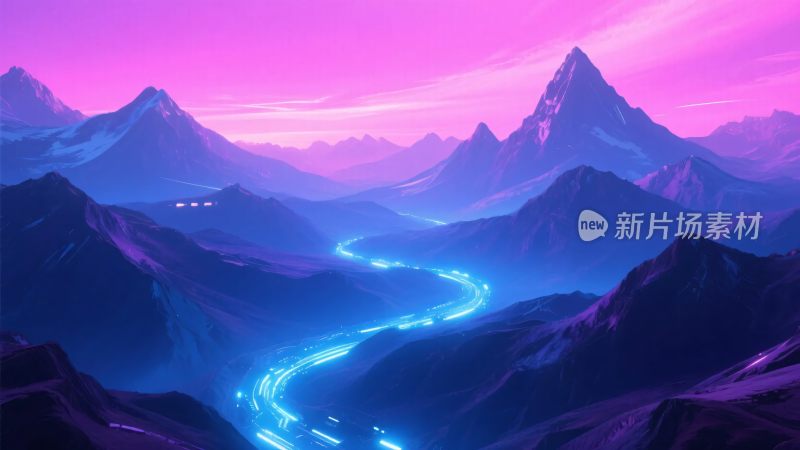 梦幻紫色山间的蓝色光带之路