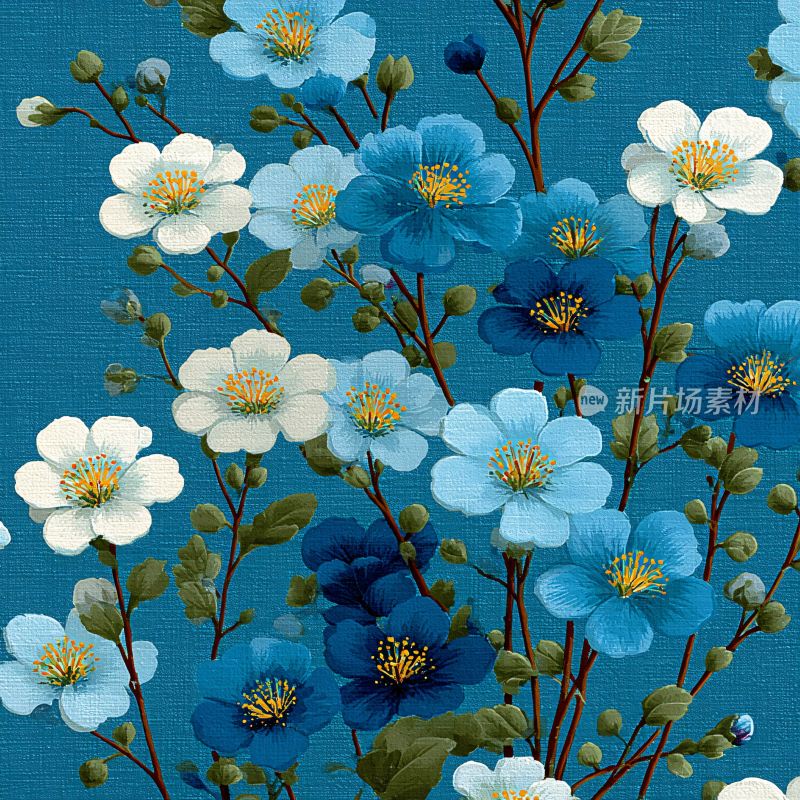 蓝白花卉插画图案