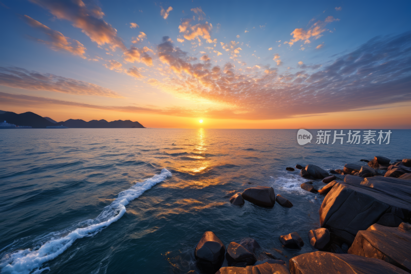 海洋上的日落有岩石和波浪高清风景风光图片