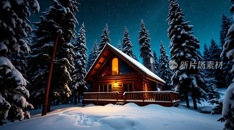 雪夜小木屋温馨与宁静共融