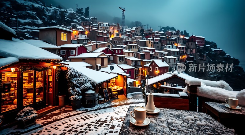雪夜小镇温馨咖啡时光