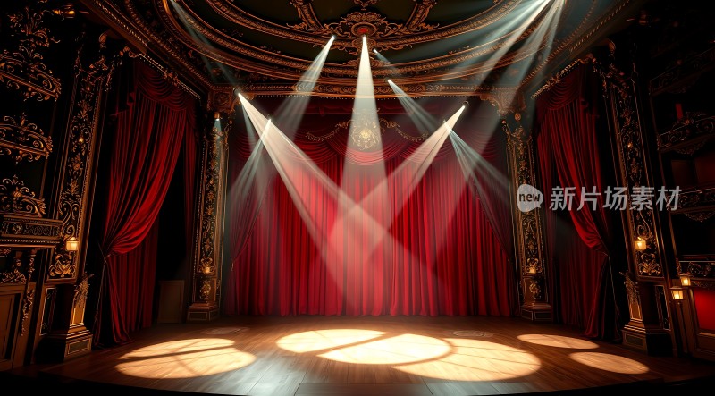 新片场素材华丽舞台聚光灯下红幕布