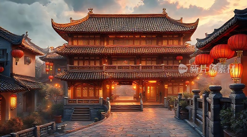 古风建筑灯笼小桥流水人家