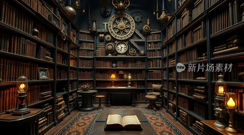 蒸汽朋克图书馆古董钟与书籍的世界