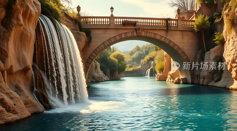 瀑布飞流直下石桥横跨其上碧波荡漾绿树成荫