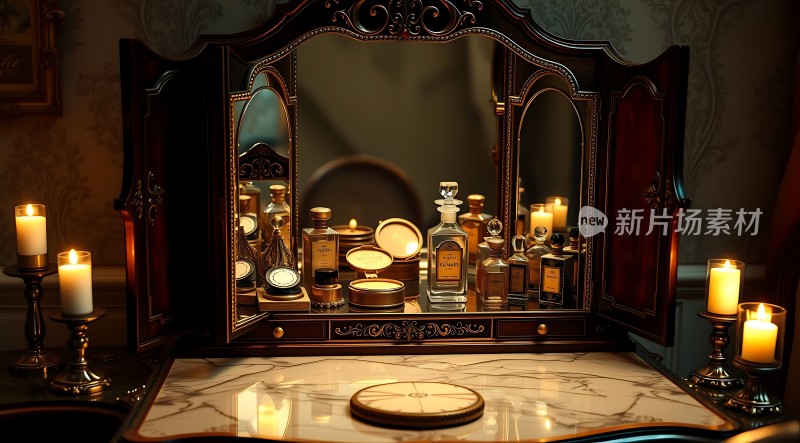 古董梳妆台上的蜡烛和香水