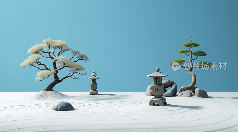 禅意小景石灯、古树与沙纹