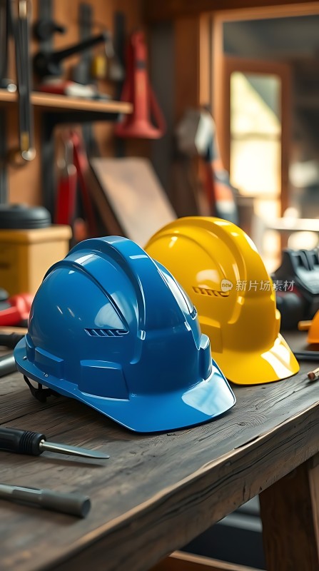 蓝色与黄色安全帽并排摆放于工作台前周围环绕着各种工具和设备背景为木制墙面和窗户