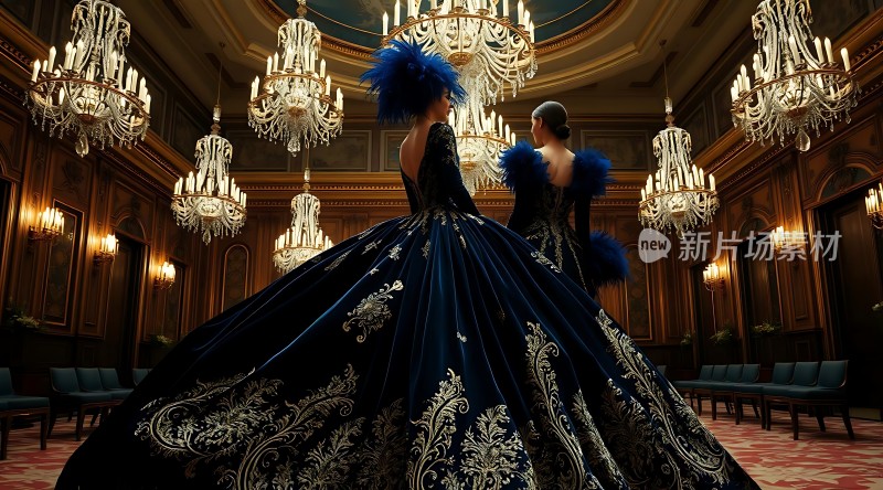 华丽舞会上的蓝色礼服盛宴