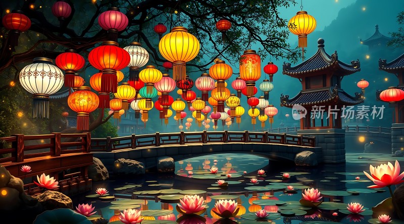 灯笼映照古桥夜色荷花轻舞水上梦影