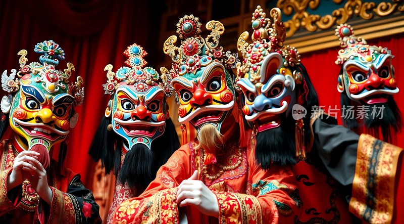 面具舞者色彩斑斓的脸谱与华丽的服饰