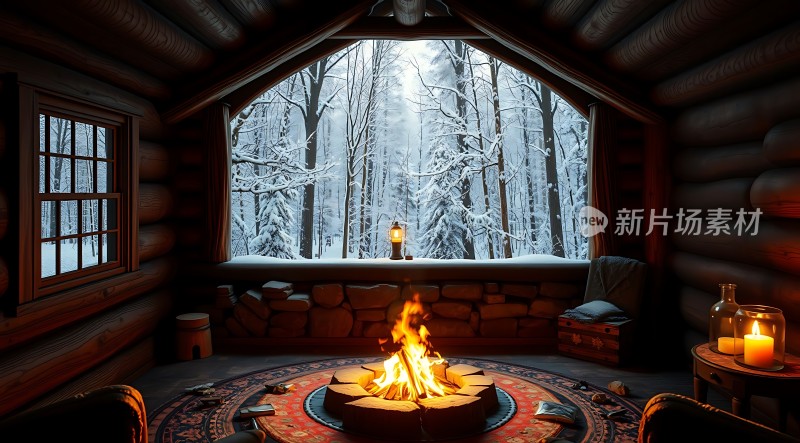 冬日暖炉静谧森林小屋