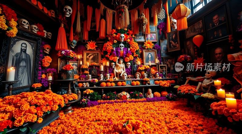 万圣节祭坛骷髅与鲜花共舞
