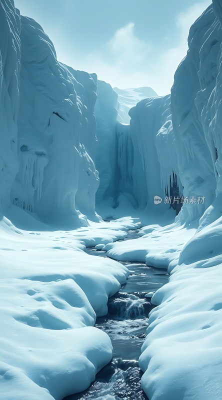 冰封峡谷雪原溪流
