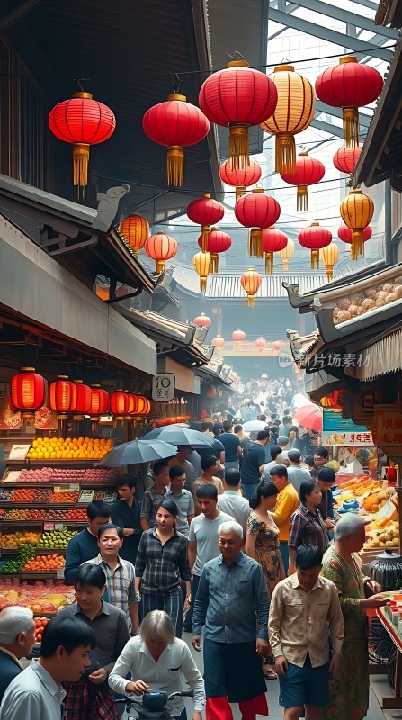 古街集市热闹非凡红黄灯笼映照下人群熙攘水果琳琅满目