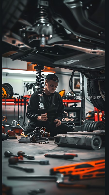 修车工人在车间里专注地工作