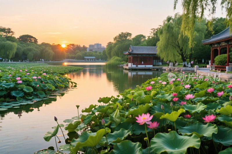 荷花湖泊古建风光