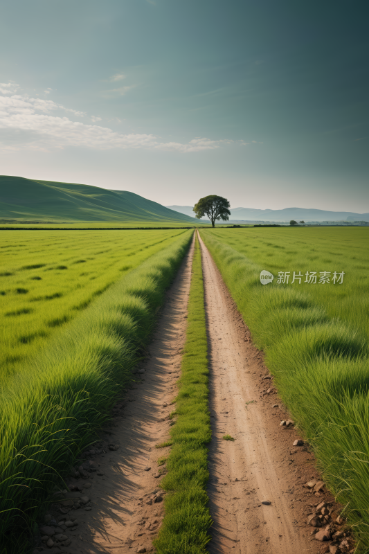 田野里的土路地平线上一棵孤独的树风景图片