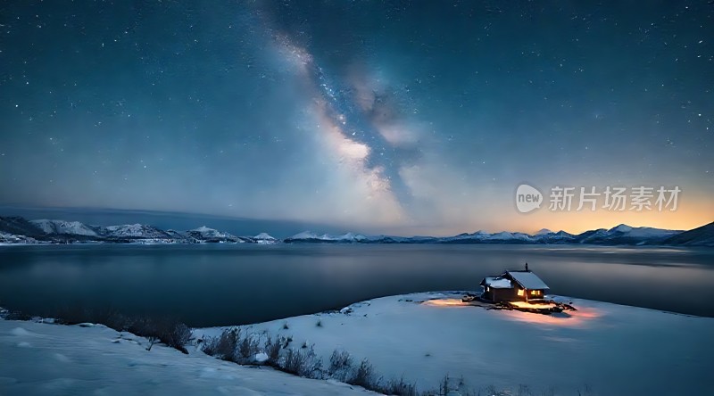 雪夜星空下的温馨小屋