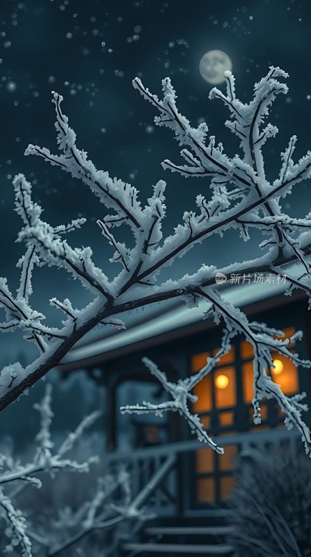 雪夜月光下的温馨小屋