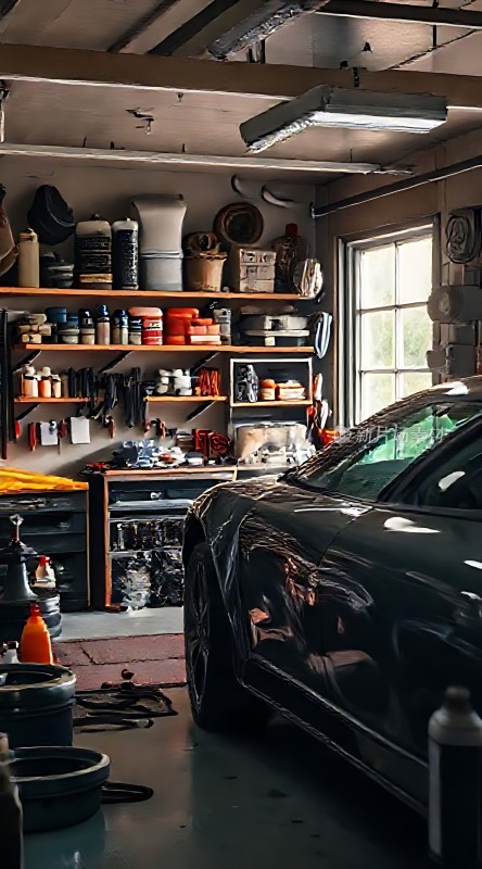 车库里的豪华轿车与工具