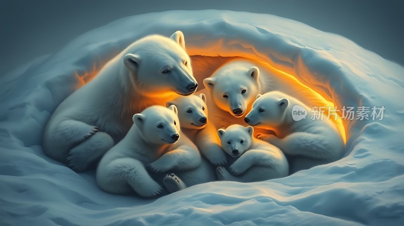 北极熊家庭温馨依偎