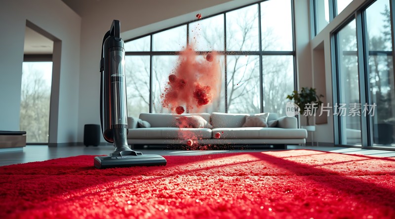 吸尘器清洁红色地毯灰尘飞扬