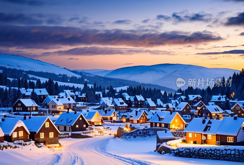 房屋夜晚冬天冰雪自然风景