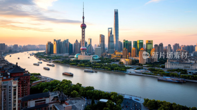 航拍繁华上海黄浦江城市傍晚夜景