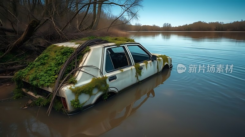 湖畔遗梦沉睡在湖水中的白色小车
