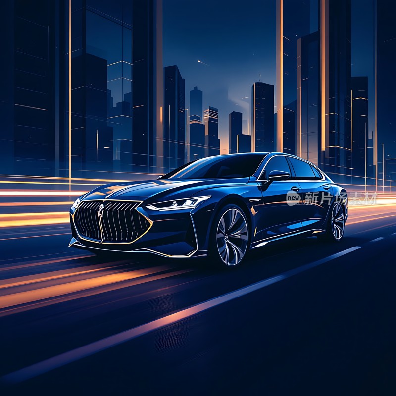 都市之夜蓝色轿车疾驰而过