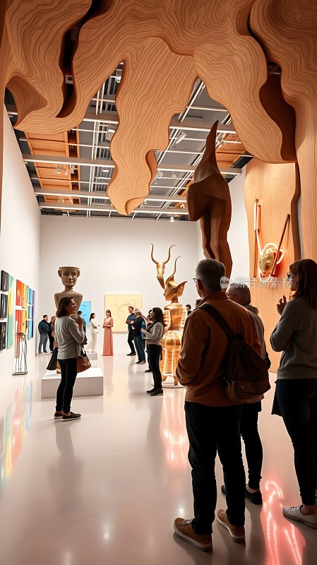 艺术馆内参观者欣赏雕塑和画作