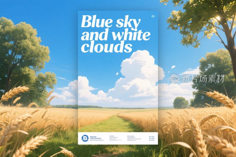 蓝天白云麦田风景插画